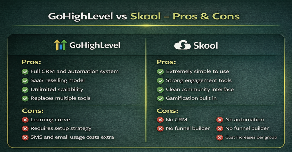 pros and cons of GohighLevel vs Skool